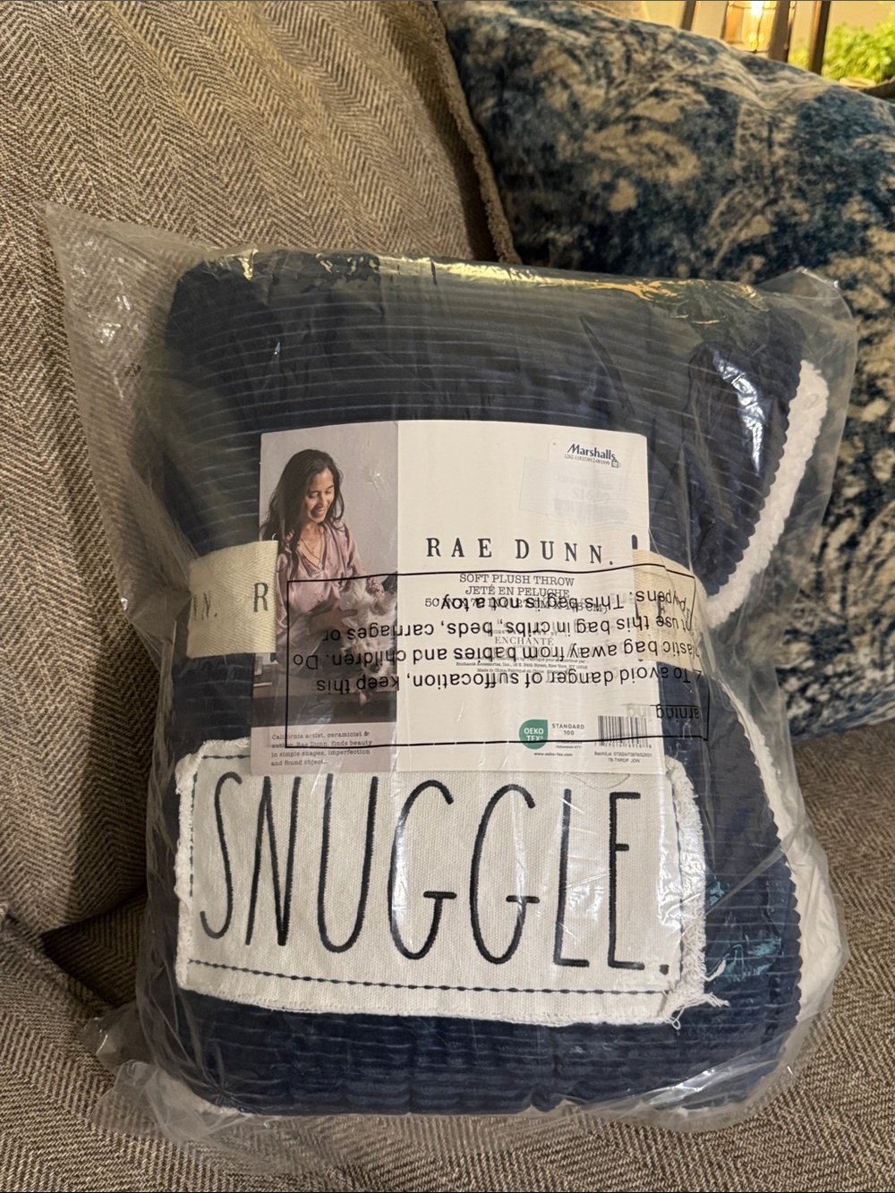 Rae Dunn Soft Sherpa Patch Throw Blanket SNUGGLE Blue/White